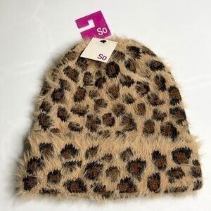 So Winter Hat Tan Brown Black Leopard Animal Print Faux Fur Soft Knit Beanie